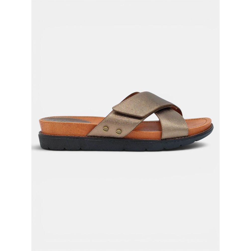 Nurture Leather Slide Sandals 9.5M Bronze Metallic Criss Cross Comfort Flats